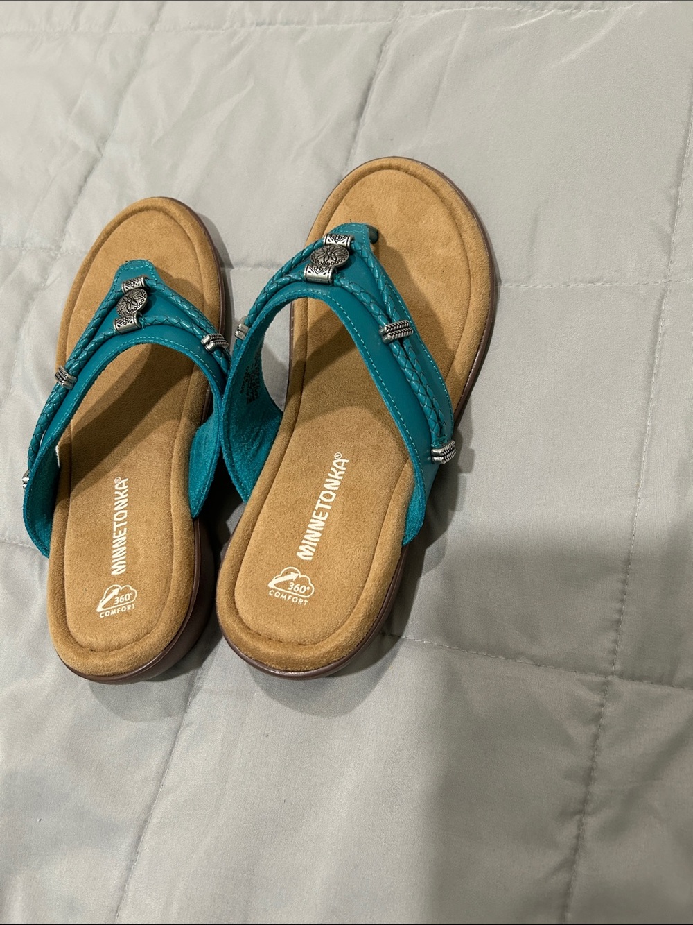Minnetonka Teal Braided Toe-Post Sandals with Silver Accents